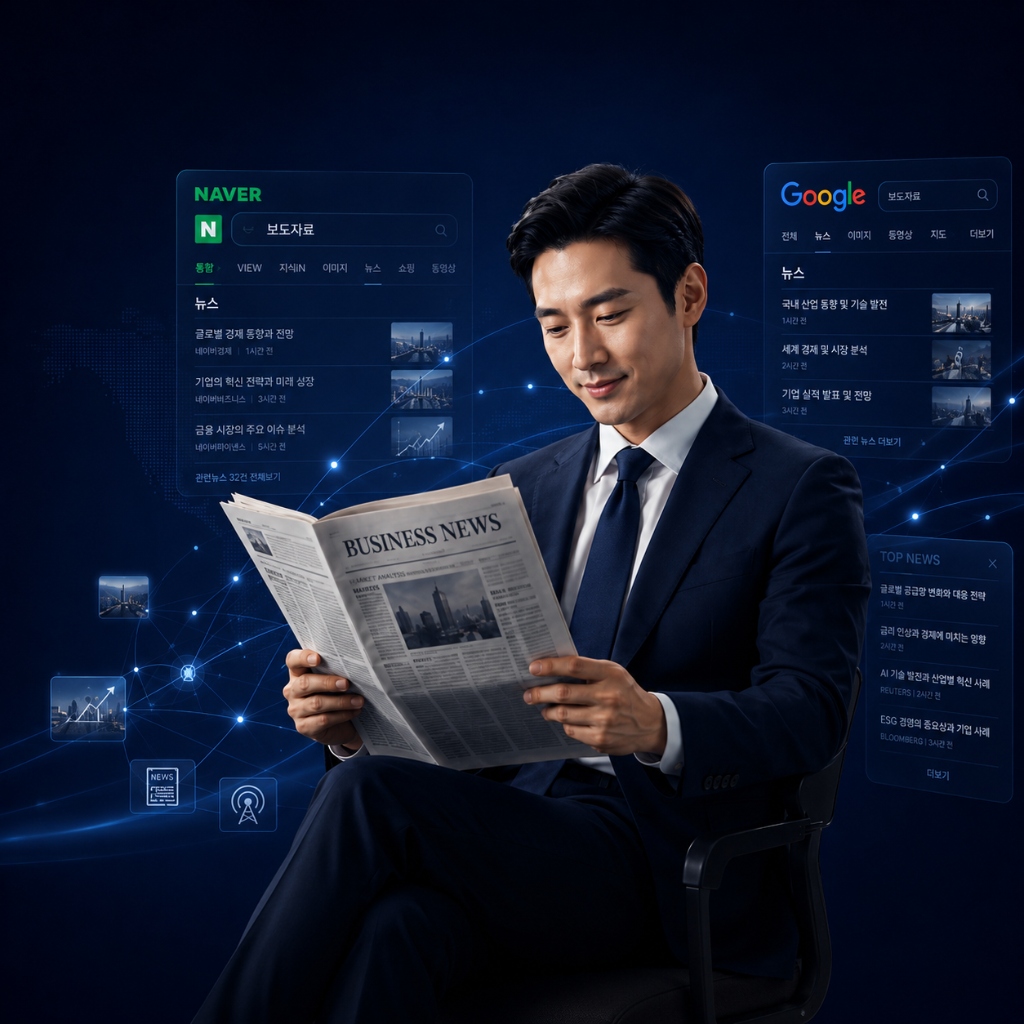 구글 및 네이버 검색창과 신문을 펼쳐보는 한국인 마케터 - 뉴스앤서치 언론홍보 마케팅 일러스트